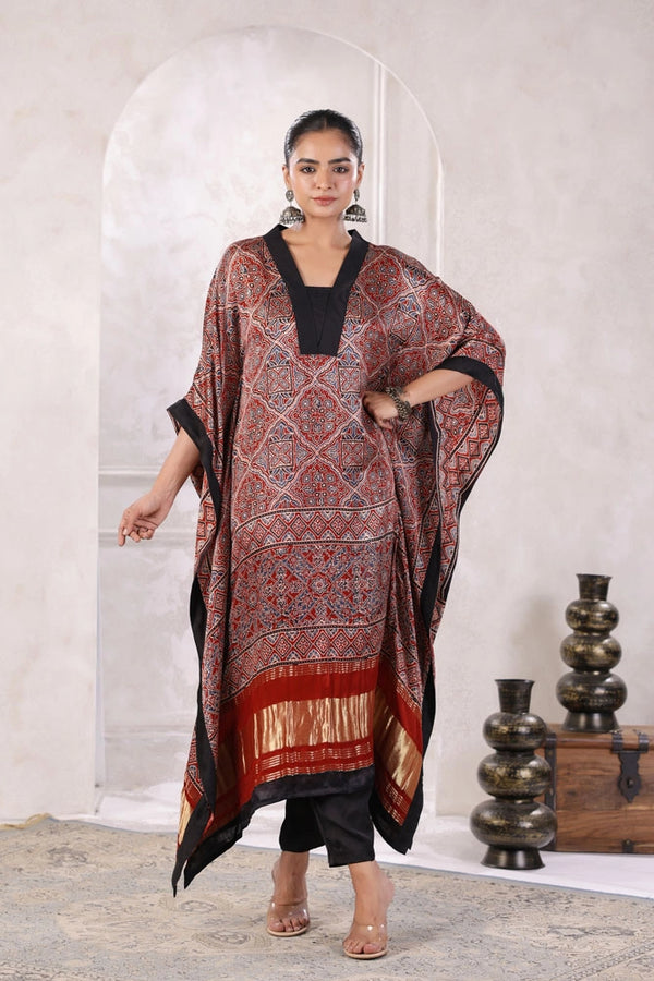 Maroon Hand Block Printed Kaftan Set