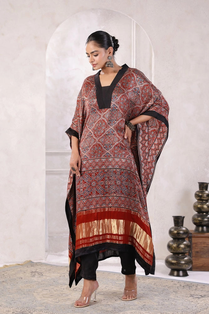 Maroon Hand Block Printed Kaftan Set
