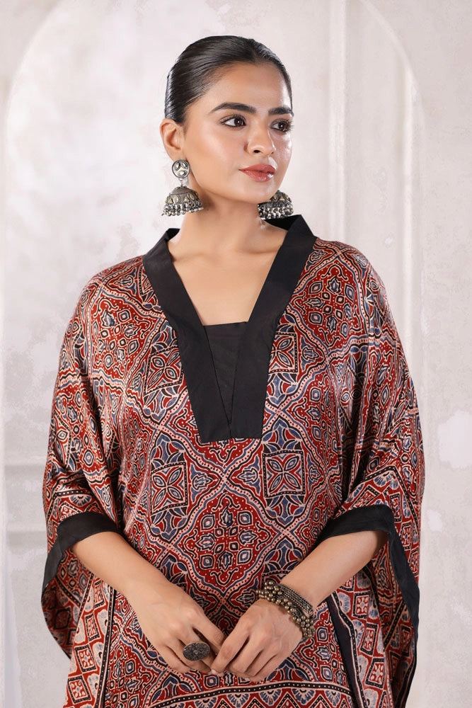 Maroon Hand Block Printed Kaftan Set