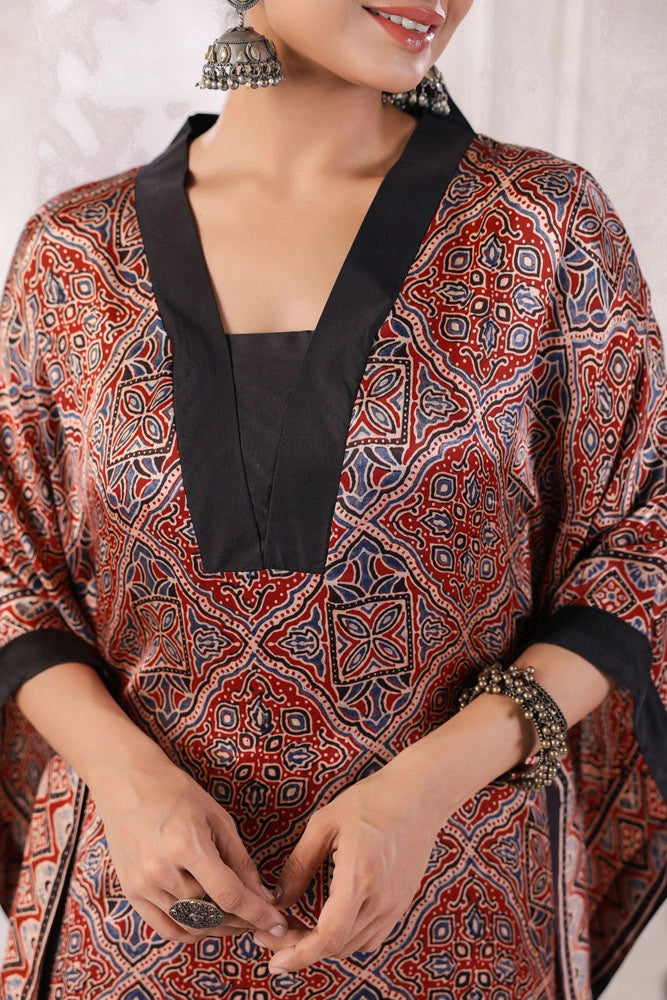 Maroon Hand Block Printed Kaftan Set