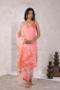 Peach Satin Kurta Set With Hand Painted Dupatta