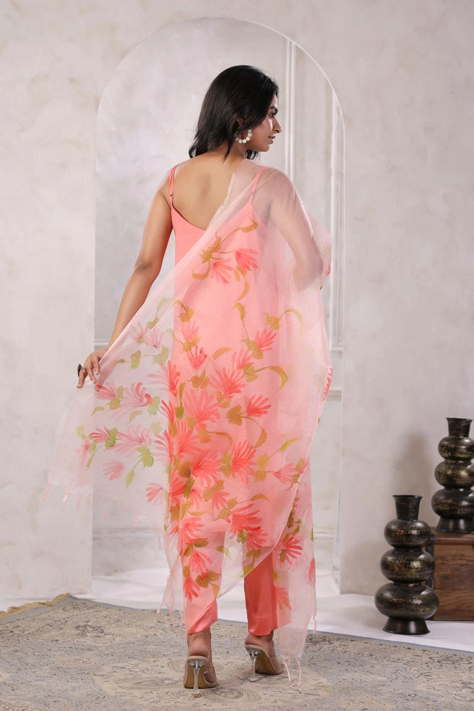 Peach Satin Kurta Set with Hand Painted Dupatta
