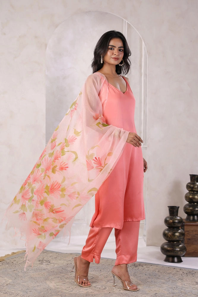 Peach Satin Kurta Set with Hand Painted Dupatta