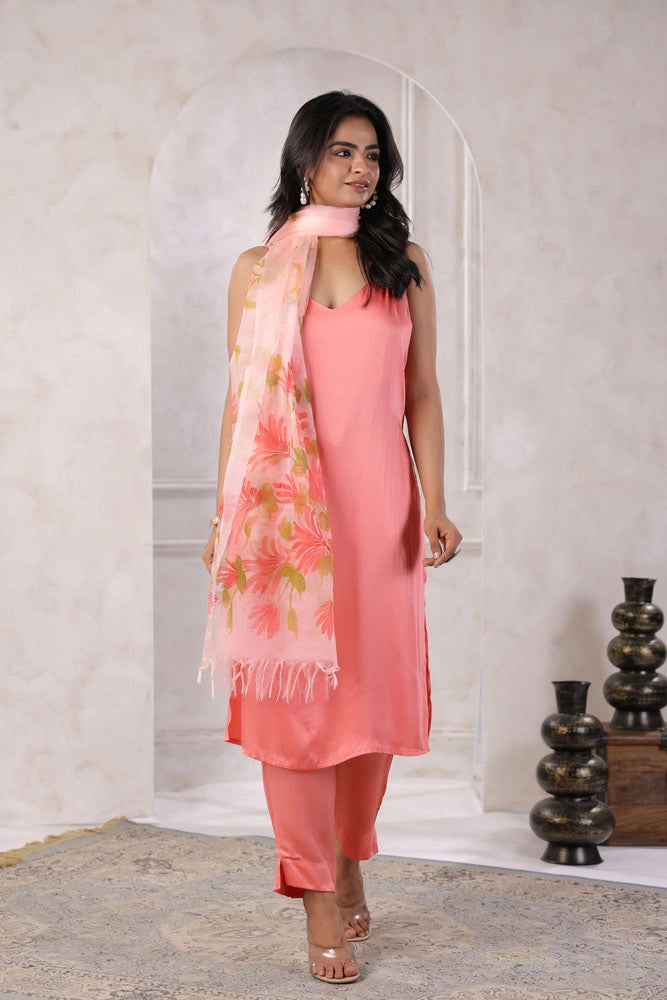 Peach Satin Kurta Set with Hand Painted Dupatta