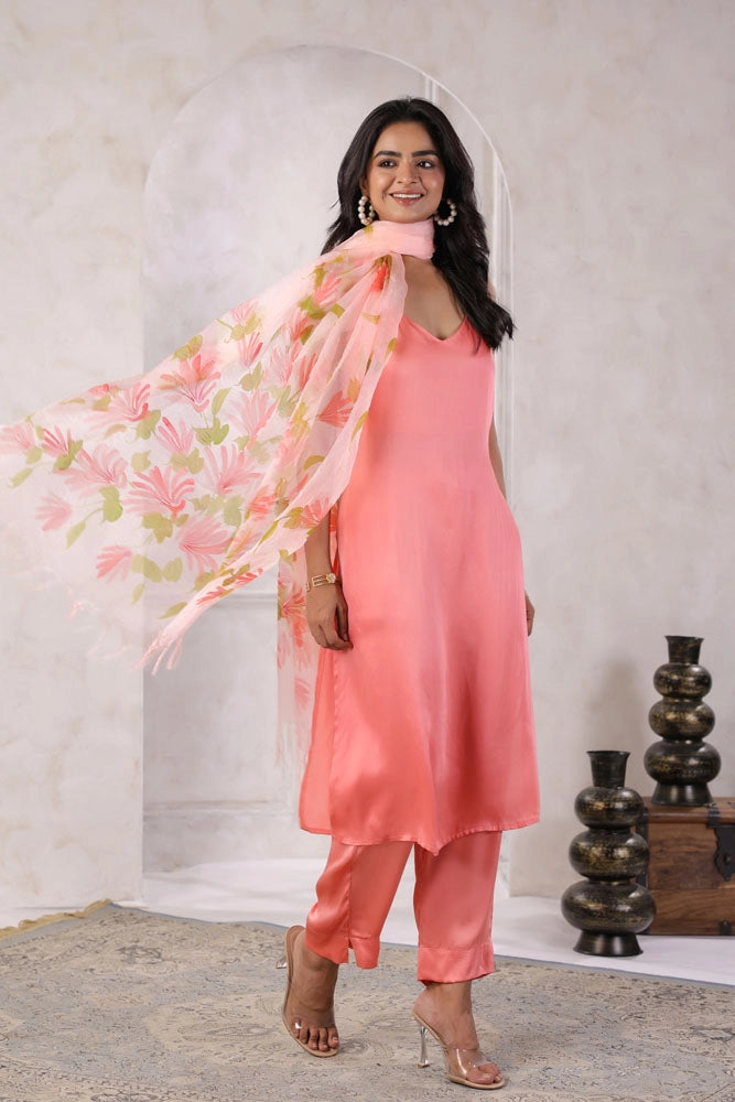 Peach Satin Kurta Set with Hand Painted Dupatta