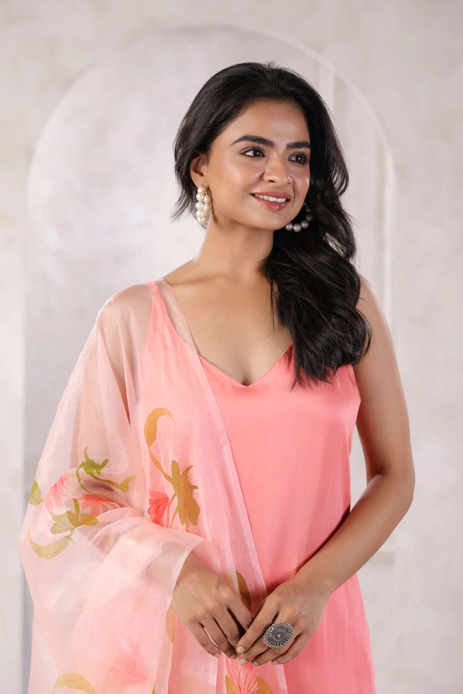 Peach Satin Kurta Set with Hand Painted Dupatta