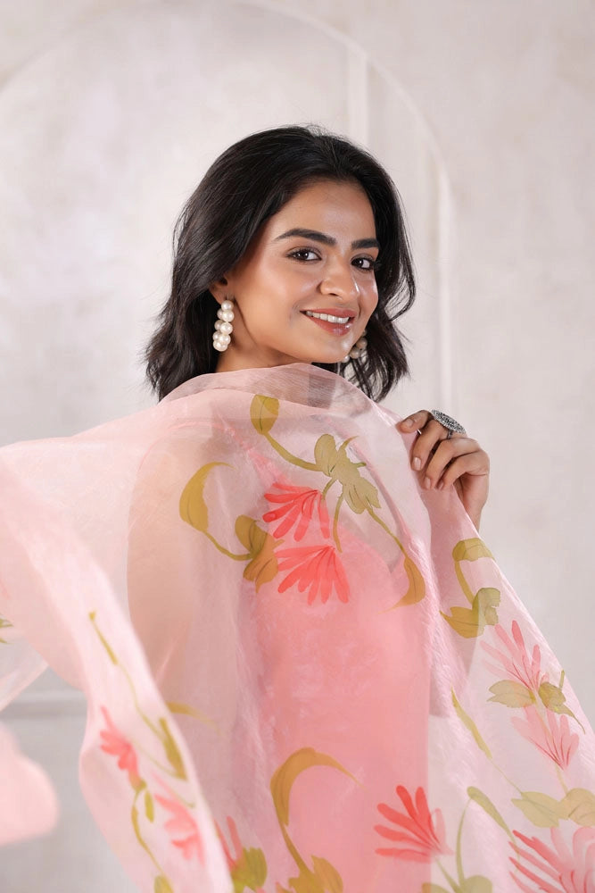 Peach Satin Kurta Set with Hand Painted Dupatta