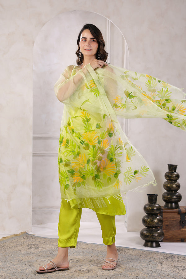 Green Satin Kurta Set with Hand Painted Dupatta