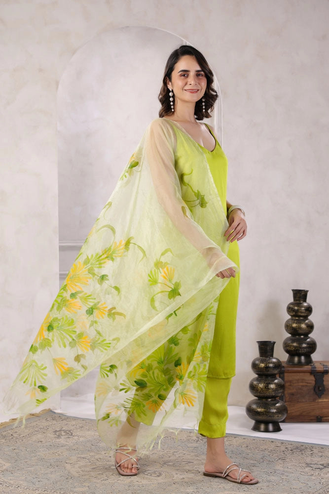 Green Satin Kurta Set with Hand Painted Dupatta
