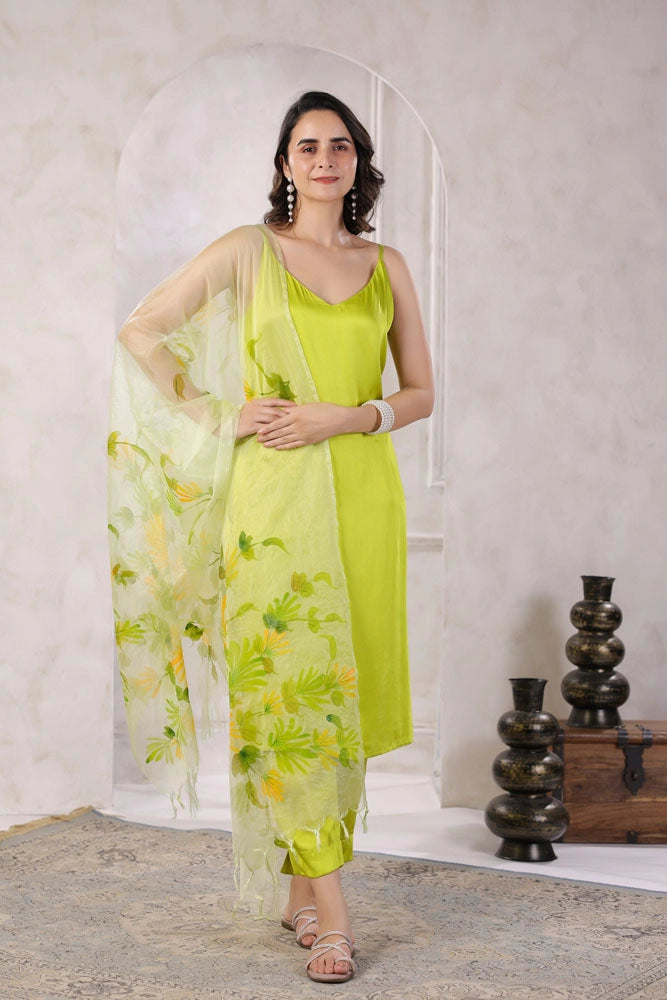 Green Satin Kurta Set with Hand Painted Dupatta