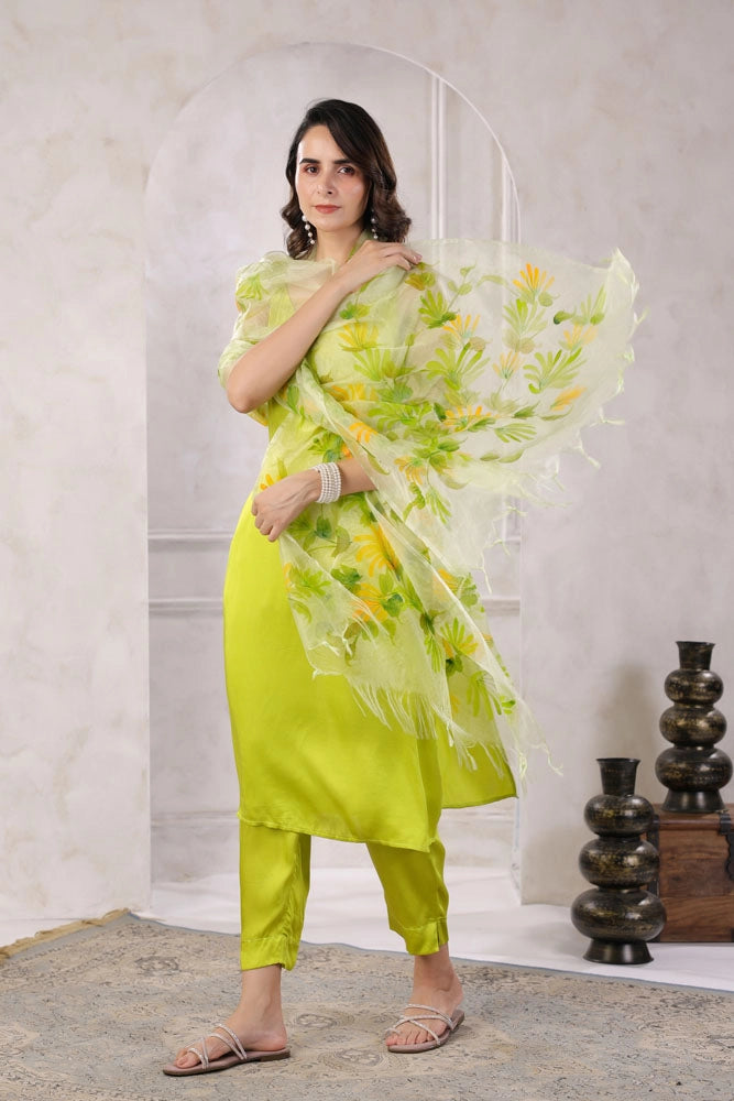 Green Satin Kurta Set with Hand Painted Dupatta