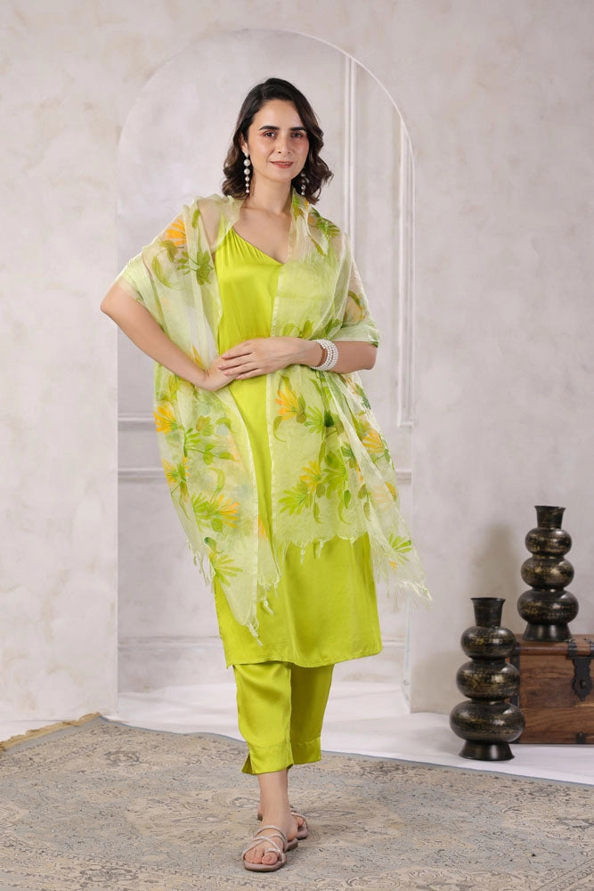 Green Satin Kurta Set with Hand Painted Dupatta