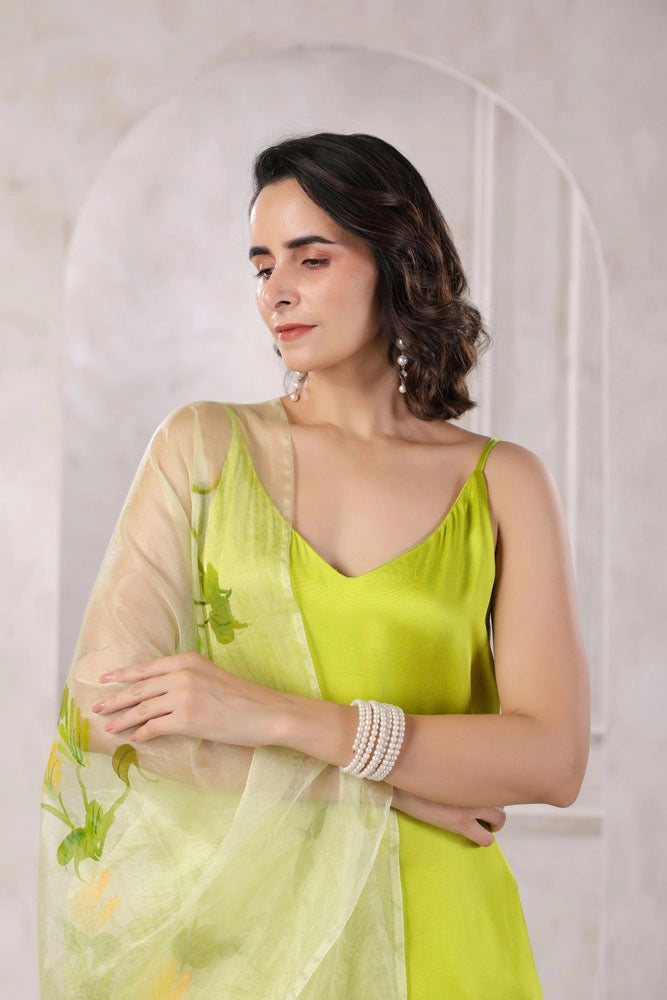 Green Satin Kurta Set with Hand Painted Dupatta