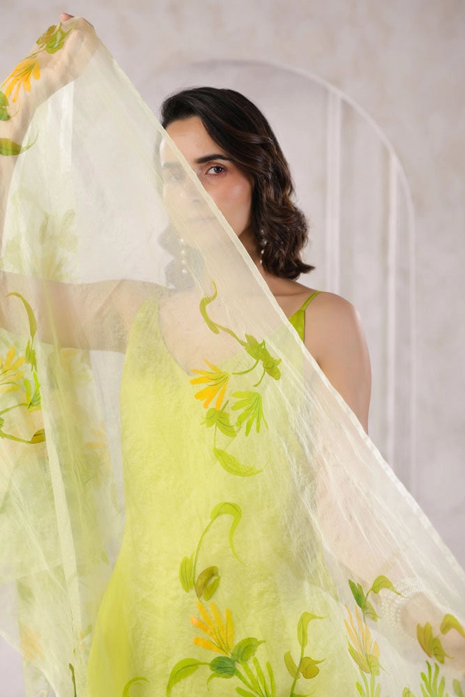 Green Satin Kurta Set with Hand Painted Dupatta