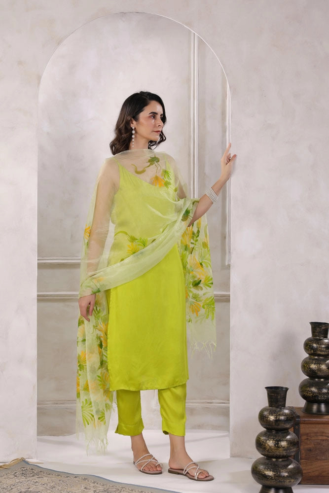 Green Satin Kurta Set with Hand Painted Dupatta