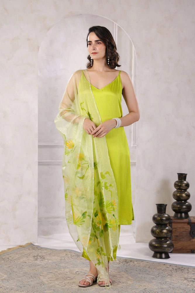 Green Satin Kurta Set With Hand Painted Dupatta