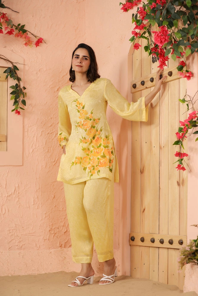 Yellow Hand Painted Floral Co-ord Set