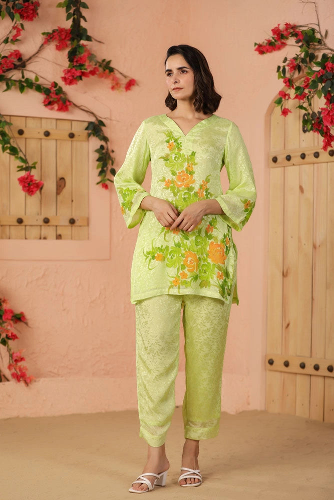 Green Hand Painted Floral Co-Ord Set