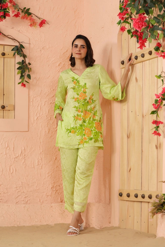 Green Hand Painted Floral Co-ord Set