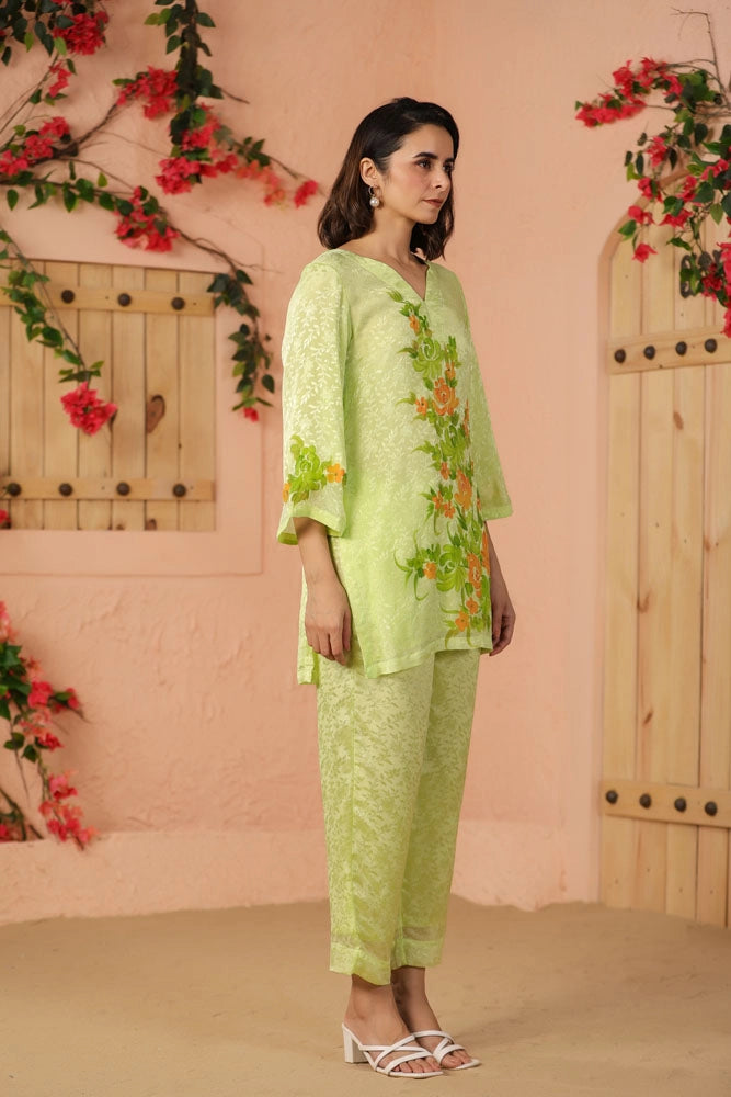 Green Hand Painted Floral Co-ord Set