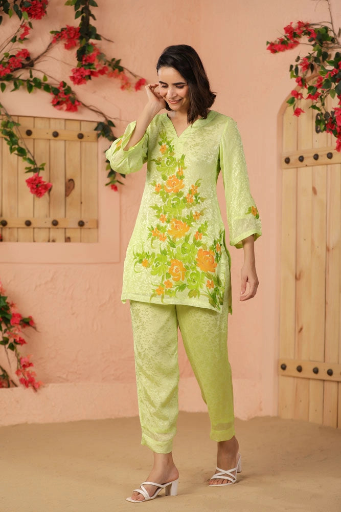 Green Hand Painted Floral Co-ord Set