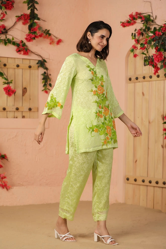 Green Hand Painted Floral Co-ord Set