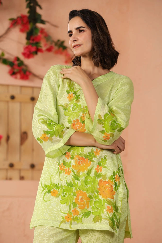 Green Hand Painted Floral Co-ord Set