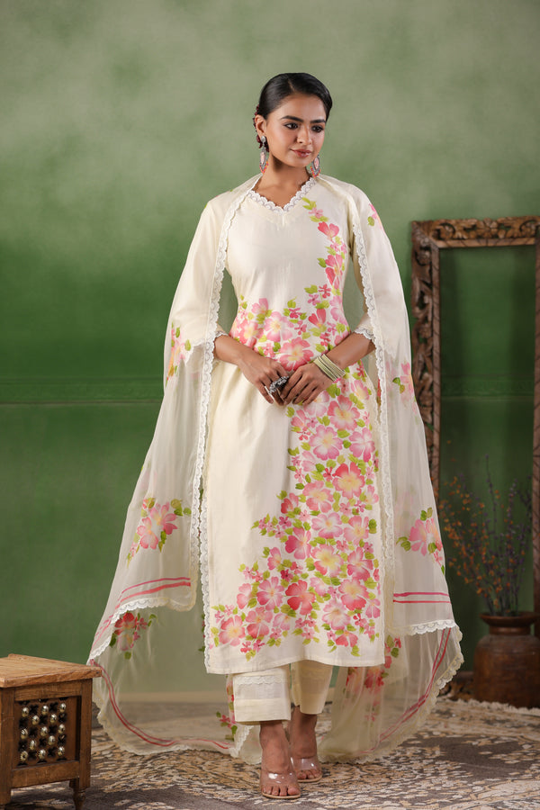 White Hand Painted Floral Chanderi Kurta Set with Dupatta