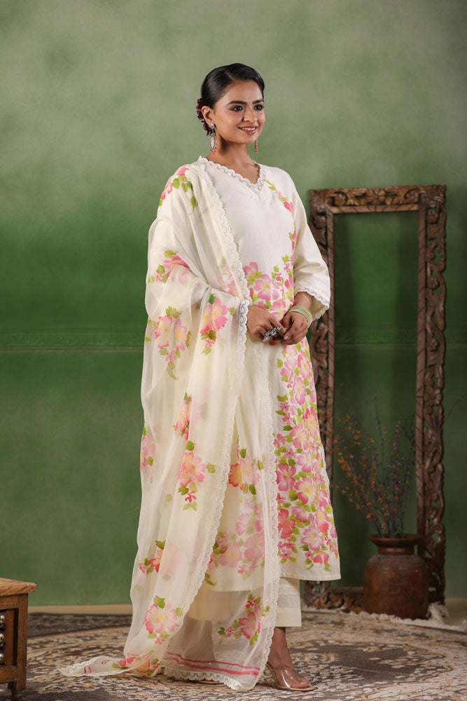 White Hand Painted Floral Chanderi Kurta Set with Dupatta