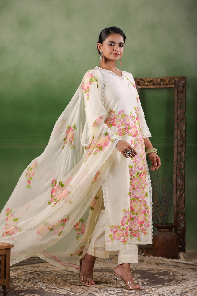 White Hand Painted Floral Chanderi Kurta Set with Dupatta