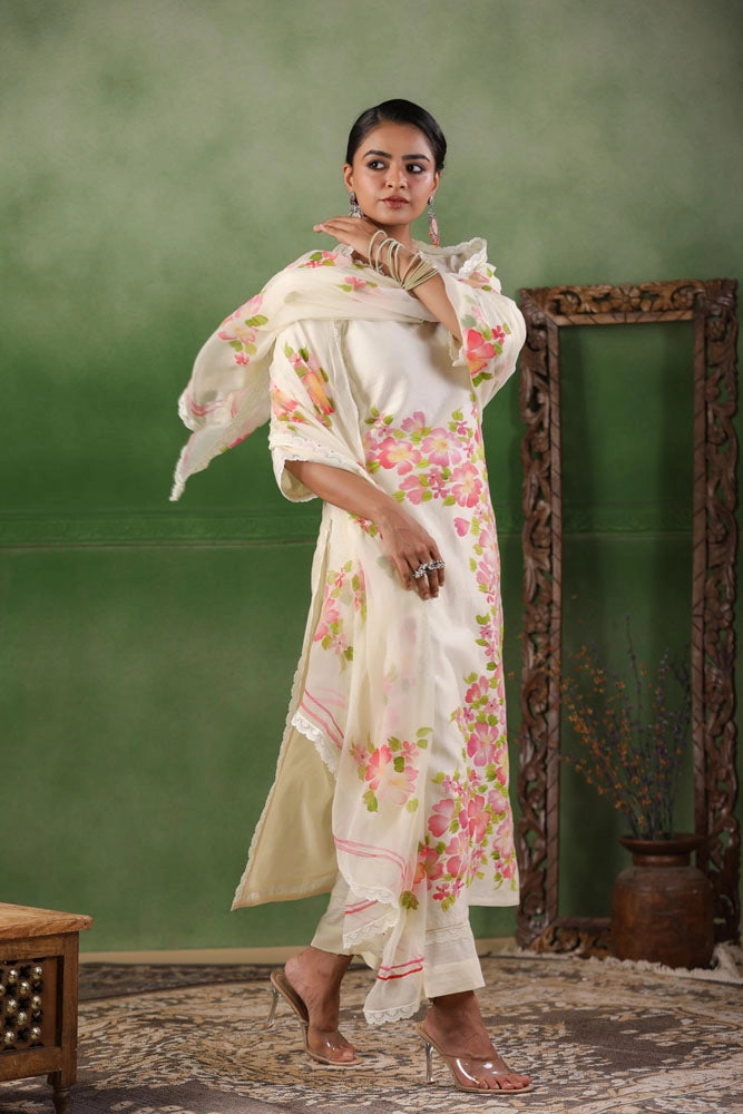 White Hand Painted Floral Chanderi Kurta Set with Dupatta