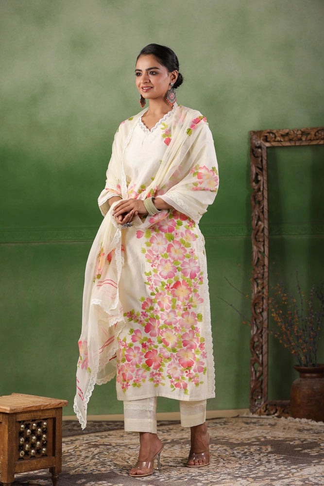 White Hand Painted Floral Chanderi Kurta Set with Dupatta