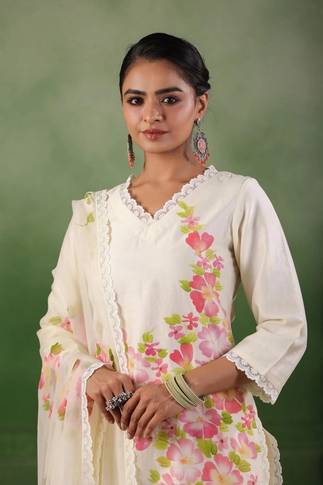 White Hand Painted Floral Chanderi Kurta Set with Dupatta
