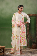 White Hand Painted Floral Chanderi Cotton Kurta Sets With Chiffon Dupatta