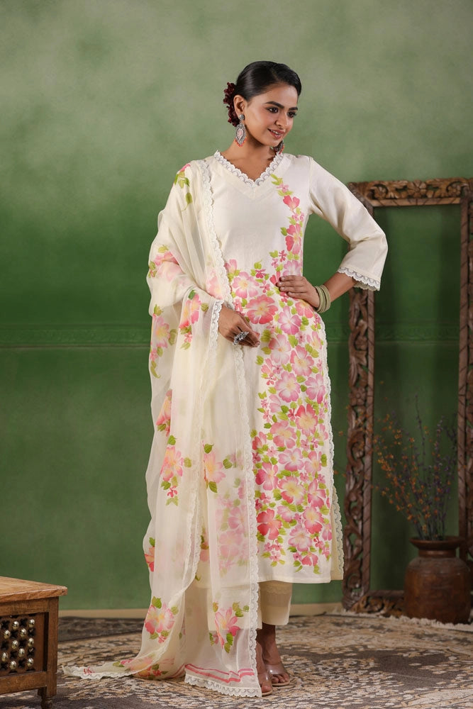 White Hand Painted Floral Chanderi Cotton Kurta Sets With Chiffon Dupatta