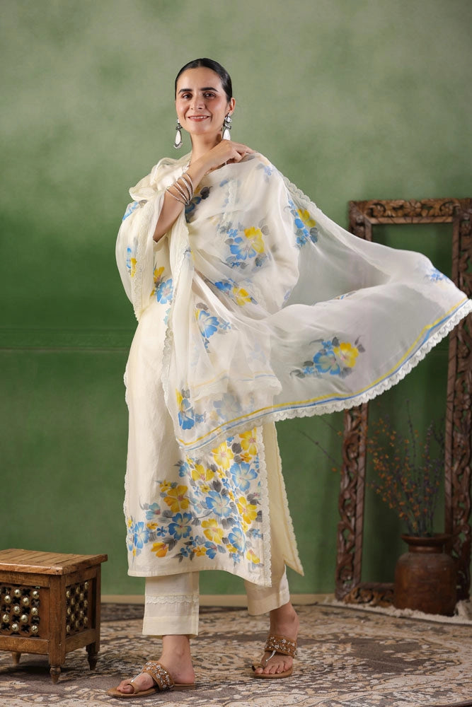 White Hand Painted Chanderi Kurta Set with Dupatta