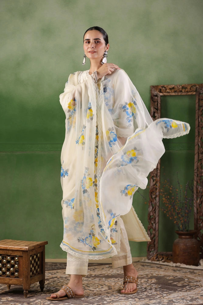 White Hand Painted Chanderi Kurta Set with Dupatta