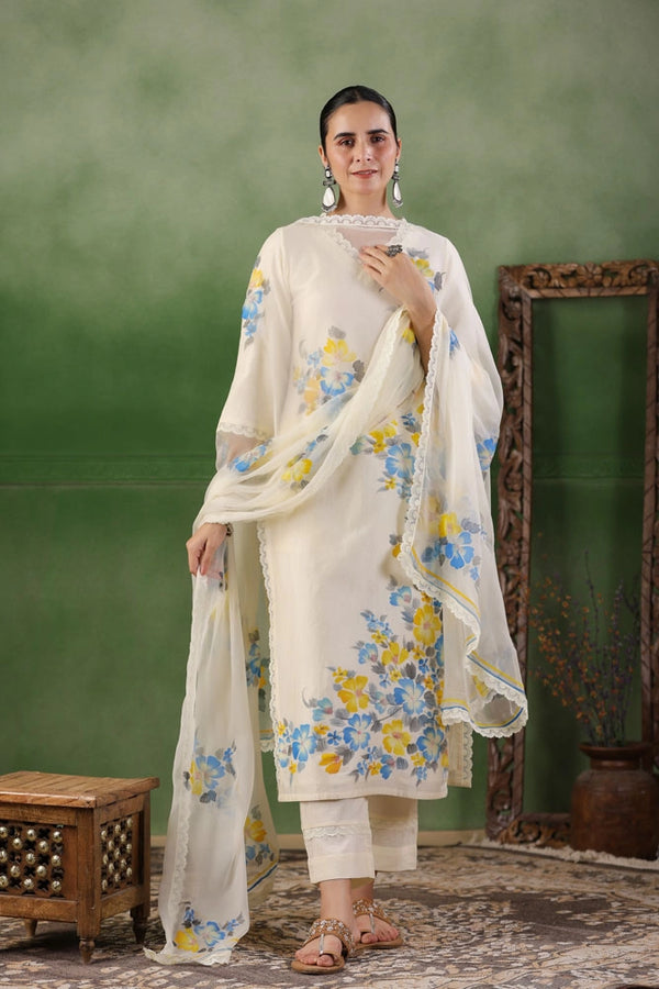 White Hand Painted Chanderi Kurta Set with Dupatta