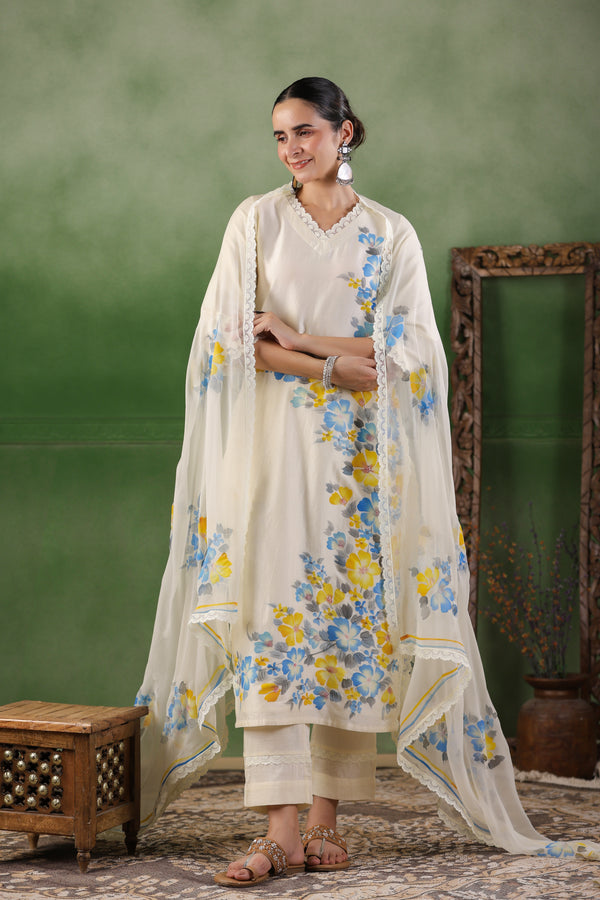 White Hand Painted Chanderi Kurta Set with Dupatta