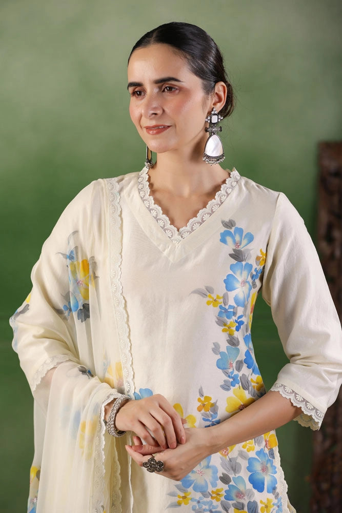 White Hand Painted Chanderi Kurta Set with Dupatta