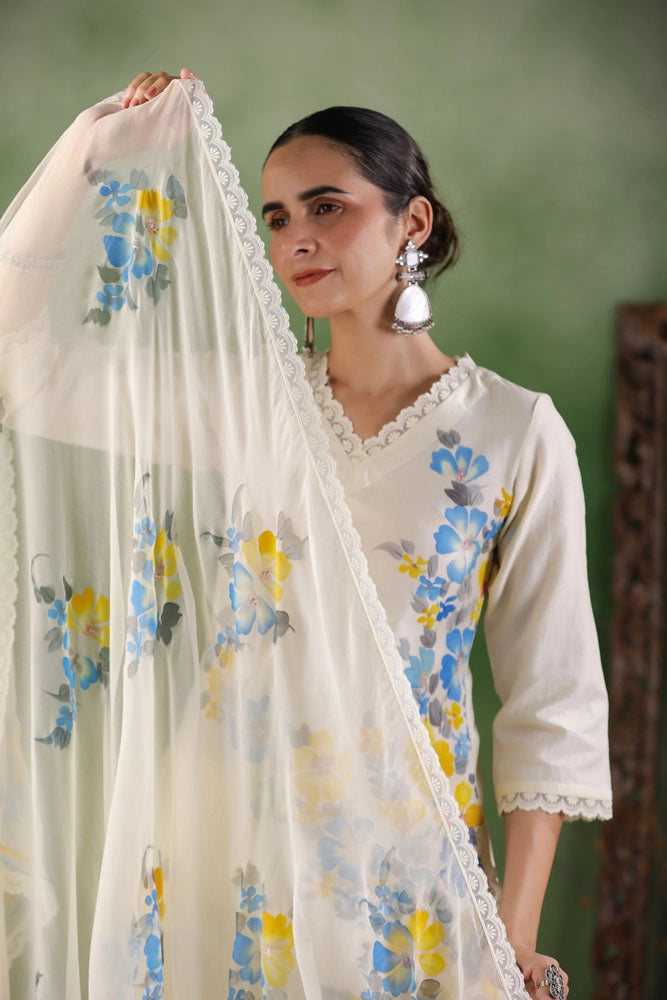 White Hand Painted Chanderi Kurta Set with Dupatta