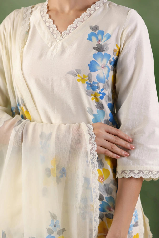 White Hand Painted Chanderi Kurta Set with Dupatta