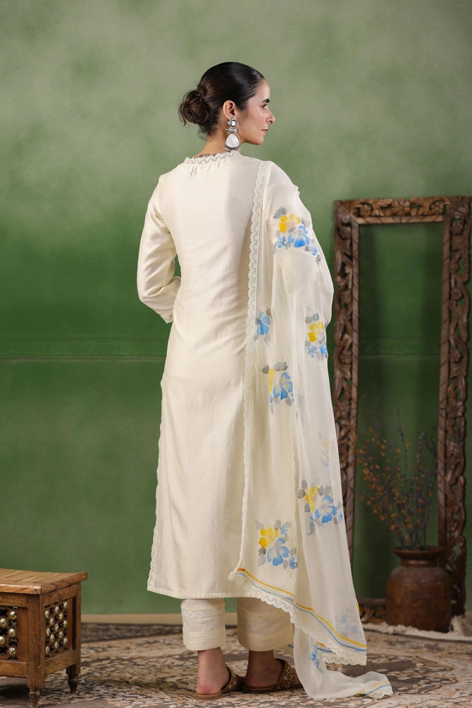 White Hand Painted Chanderi Kurta Set with Dupatta