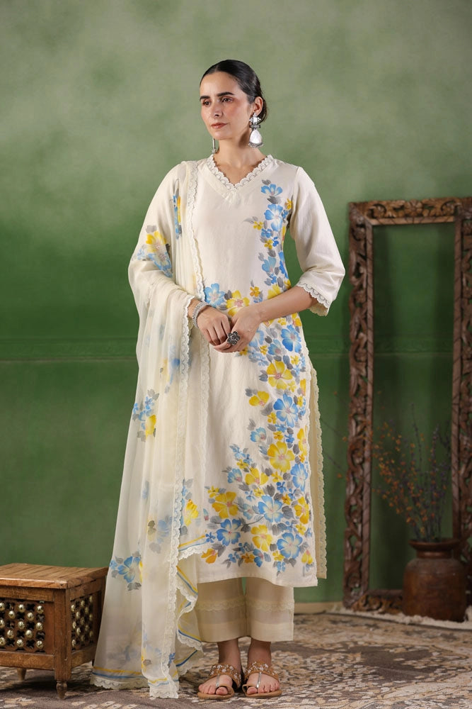 White Hand Painted Chanderi Kurta Set with Dupatta