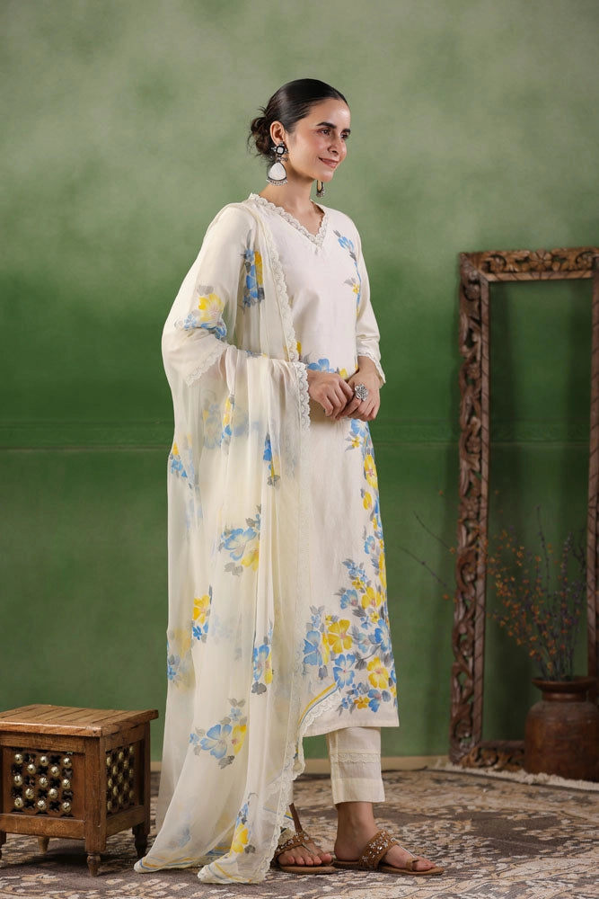 White Hand Painted Chanderi Kurta Set with Dupatta