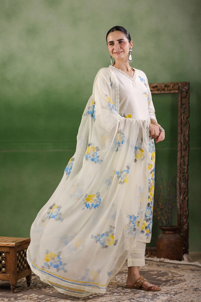 White Hand Painted Chanderi Kurta Set with Dupatta