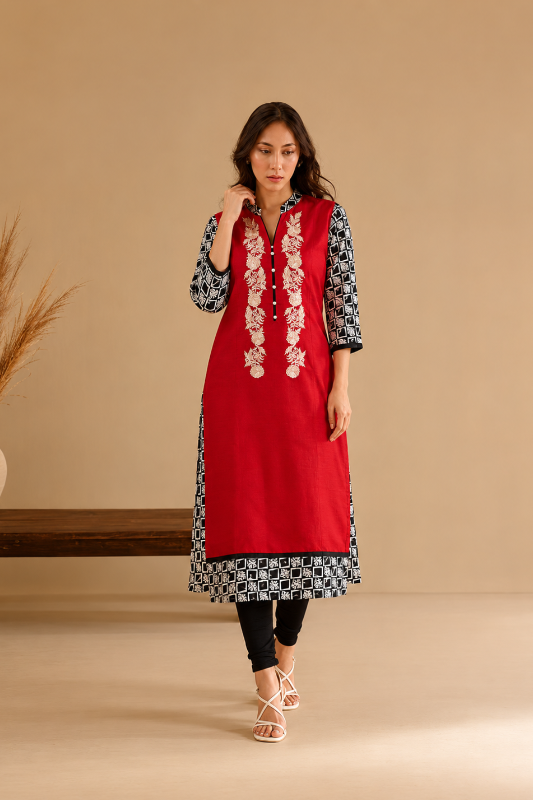 Red Embroidered Straight Kurta