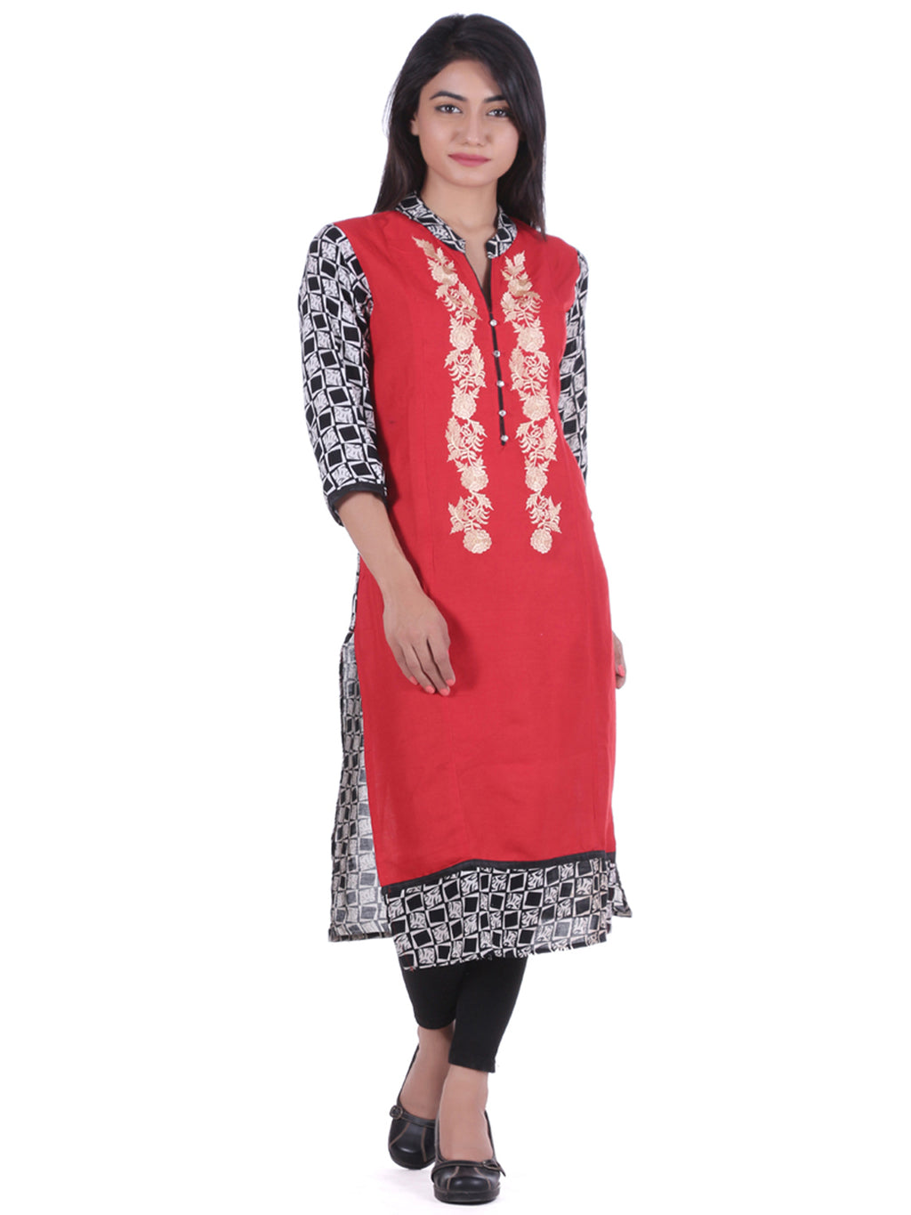 Red Embroidered Straight Kurta