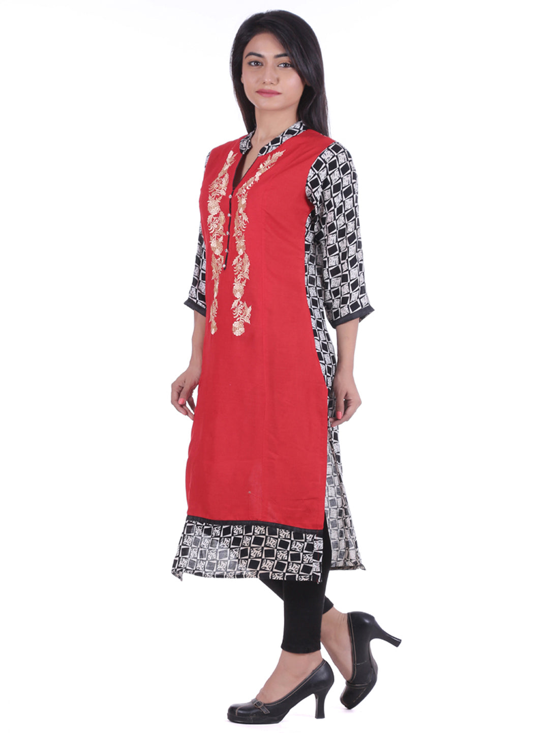 Red Embroidered Straight Kurta