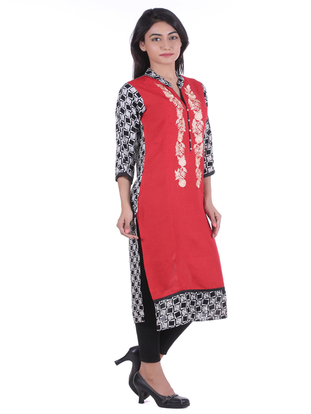 Red Embroidered Straight Kurta